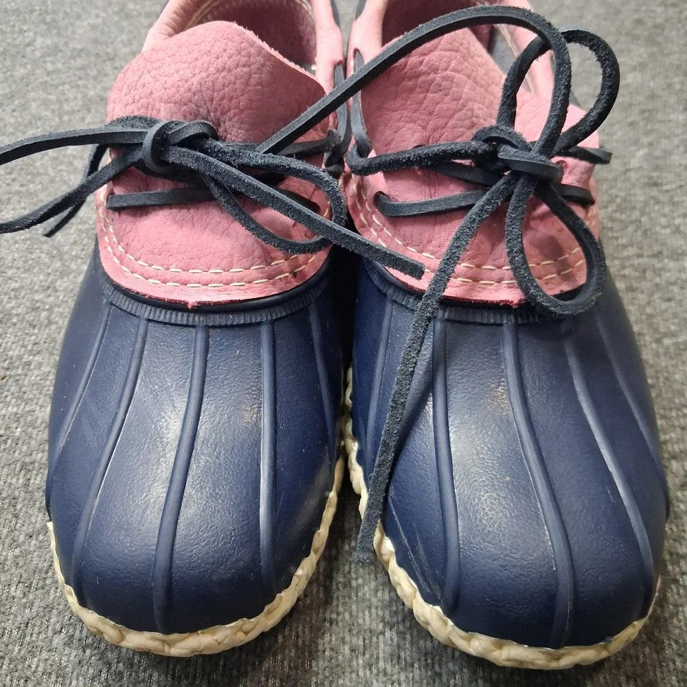 LL Bean Boots Rubber Moc Navy Blue Pink Leather Duck Shoes Womens size 9 M